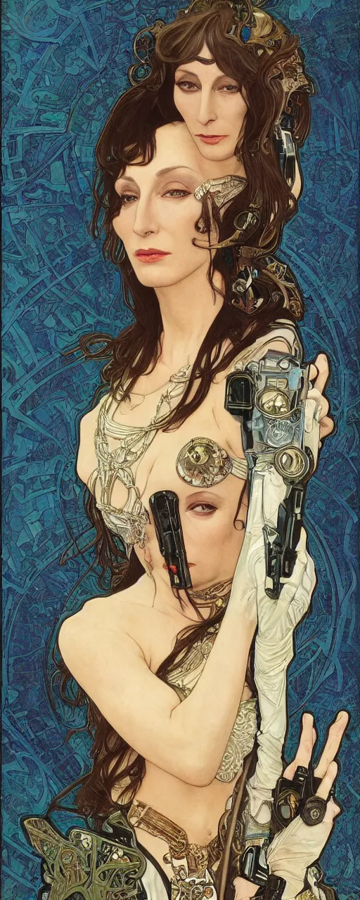 Image similar to beautiful enticing cyberpunk art nouveau style portrait of anjelica huston as a chic street soldier by olivia de bernardinis, moebius, chris achilleos and alphonse mucha, photorealism, extremely hyperdetailed, perfect symmetrical facial features, perfect anatomy, ornate declotage, latex, weapon, high technical detail, confident expression, wry smile