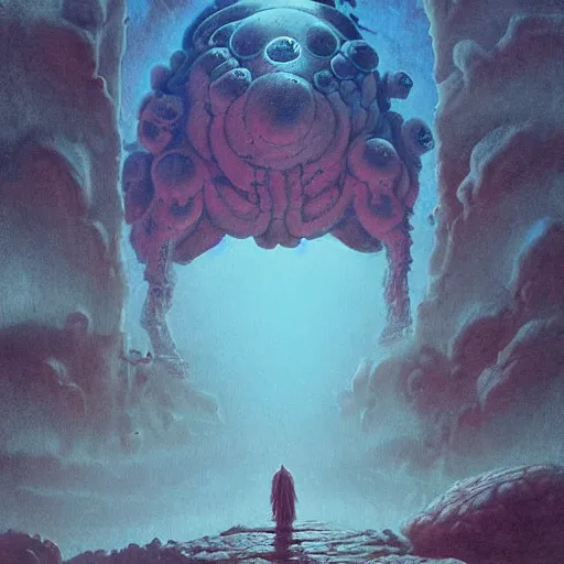 Image similar to fractal tardigrade terror and horror painting descending on earth, by greg rutkowski and studio ghibli, inspired by zdzisław beksinski, cinematic, atmospheric, dramatic colors, dawn.