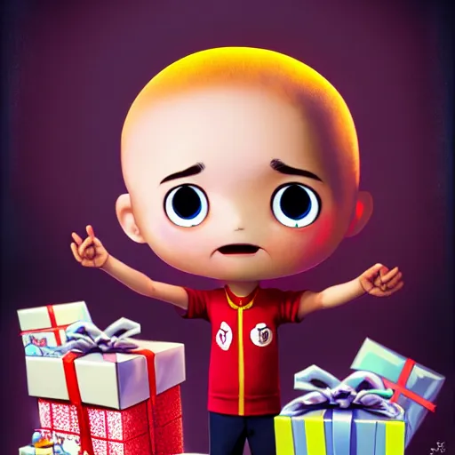 Image similar to an epic chibi comic book style portrait painting of a ryan kanji opening presents, character design by mark ryden and pixar and hayao miyazaki, unreal 5, daz, hyperrealistic, octane render, cosplay, dynamic lighting, intricate detail, cinematic