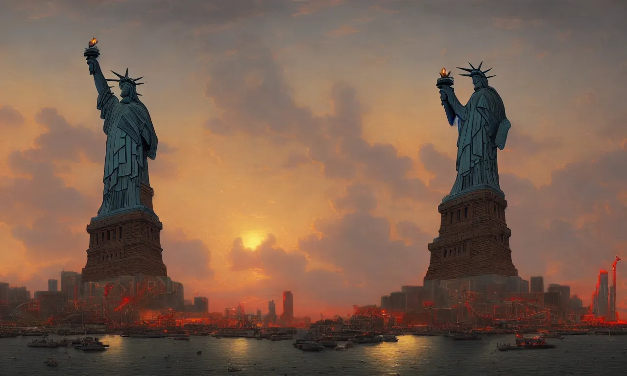 Image similar to giant harbor robot statue of liberty looking over the harbor, by asher brown durand, trending on artstation, 8 k resolution, red lights, cyberpunk, demonic symbols