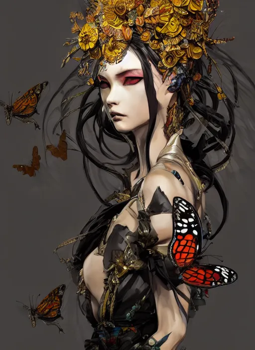 Prompt: portrait of an anthropomorphic butterfly in silk ornate robe. in style of yoji shinkawa and hyung - tae kim, trending on artstation, dark fantasy, great composition, concept art, highly detailed, dynamic pose, vibrant colours.