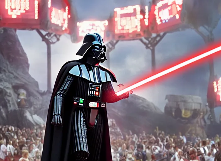Image similar to film still of Darth Vader goes to an amusement park in the new Star Wars movie, 4k