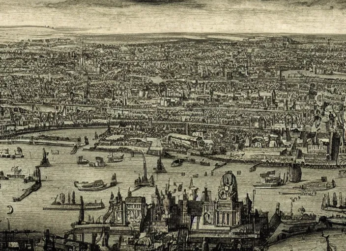 Prompt: detail from Hollar’s Panoramic view of future London, 1647