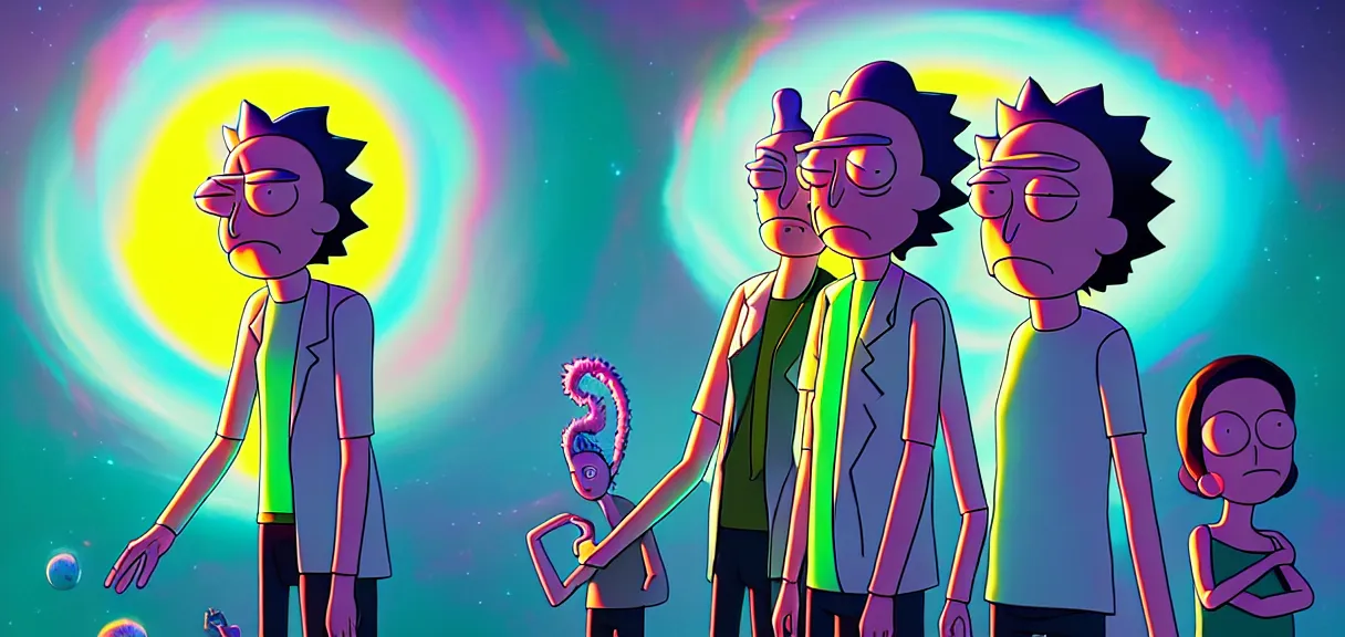 Prompt: post - minimalism portrait of rick & morty, top down view, epic dance party, iridescent clouds, vibrant color scheme, highly detailed, in the style of romanticism, cinematic, artstation, moebius, greg rutkowski