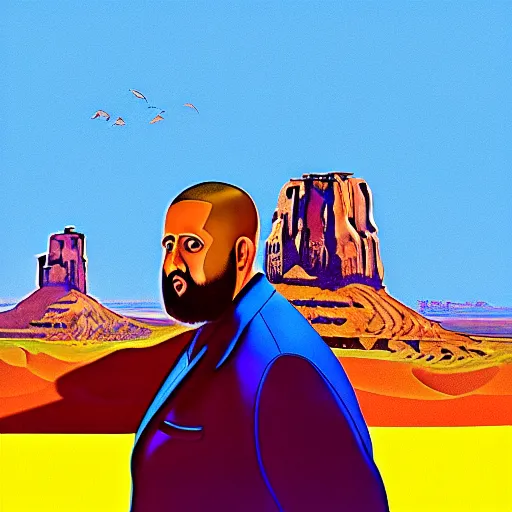 Image similar to ultra realistic portrait of dj khaled in a studio, ultra detailed, under blue, red and yellow cinematic lighting, salvador dali, cartoon, monument valley, escher