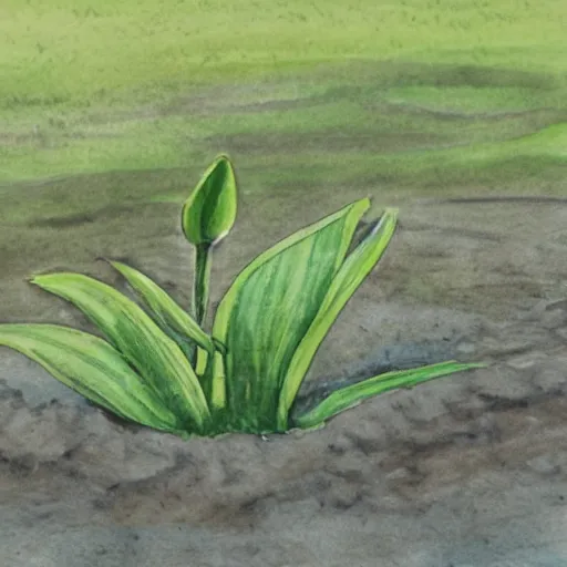 Image similar to a lone lily growing in a field of mud, realistic water colour