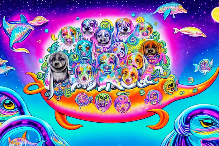 Prompt: lisa frank illustration of rebulon the cute ancient demon made of puppies and dolphins, by lisa frank, masterpiece concept art, 8 k, intricate detail, cinematic lighting, epic pose, bright colors