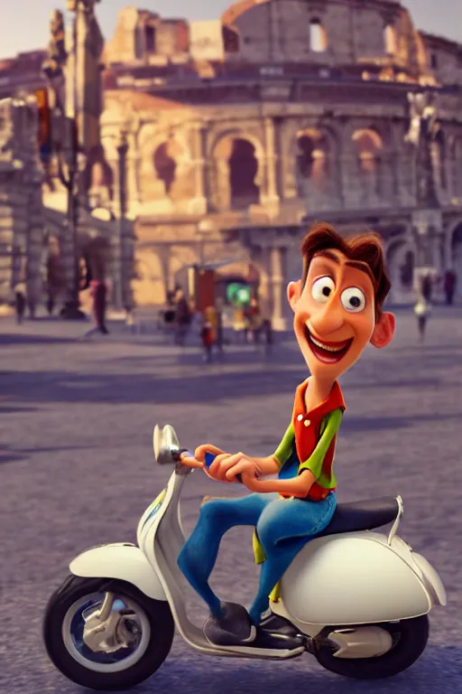 Prompt: portrait of italian holding a white teacup with vespa and coliseum in background, full body. pixar disney 4 k 3 d render funny animation movie oscar winning trending on artstation and behance, ratatouille style