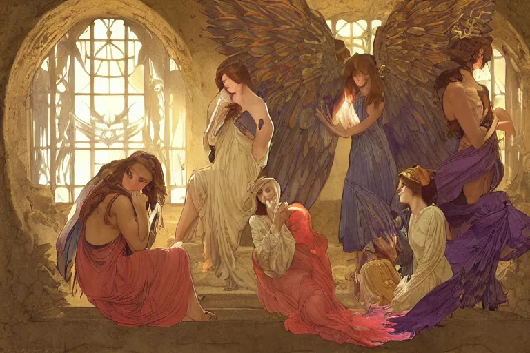 Prompt: inside a tomb, dark scene, light coming in from the left, 3 women crouching in colored robes, 2 angels with feathered wings | medium close | fibonacci composition, by artgerm, greg rutkowski, alphonse mucha