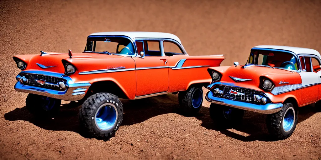 Image similar to Hot Wheels, 1957 Chevrolet Bel Air, lifted, 4x4, K10, trophy truck, cinematic, Maxxis, 8k, depth of field, mexican desert, bokeh, DAKAR.