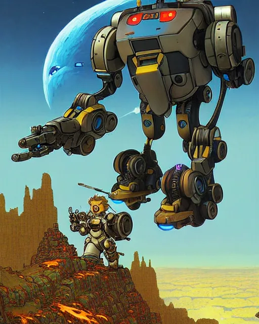 Image similar to bastion the friendly robot from overwatch, with his pet bird, character portrait, portrait, close up, concept art, intricate details, highly detailed, vintage sci - fi poster, retro future, in the style of chris foss, rodger dean, moebius, michael whelan, katsuhiro otomo, and gustave dore