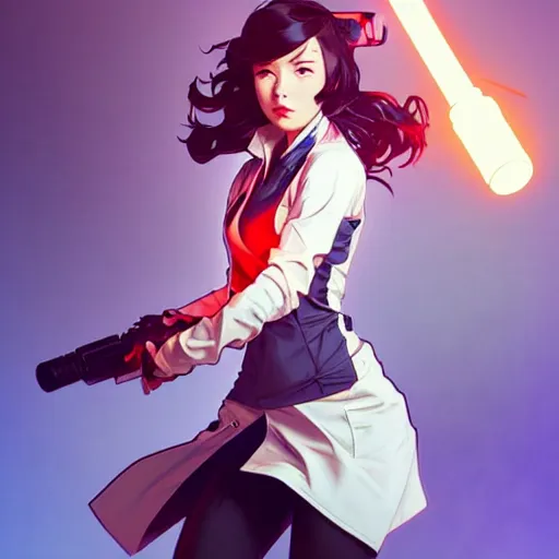 Image similar to a full body character design by artgerm, cushart krenz, ross tran, alphonse mucha. cute mad scientist girl!! shoulder mounted laser bazooka!! futuristic lab coat!! bold outline sharp edges. ultra clear detailed. 8 k. elegant, neon colors, dynamic angle, intricate complexity, epic composition, action pose, cinematic lighting masterpiece