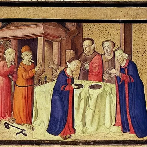 Image similar to 1 5 th century painting of people taking vitamin capsules in the church