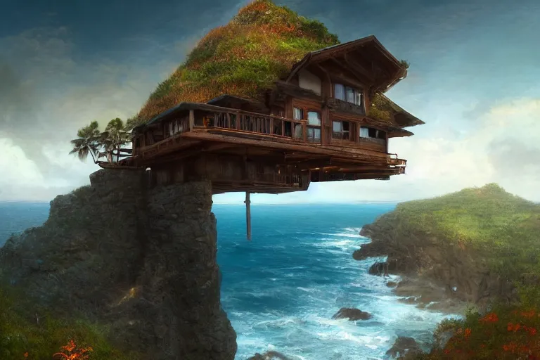 Image similar to lovely a - frame home sits atop a broad cliff, overlooking the entirety of the blue sky, digital painting by greg rutkowski and gaston bussiere, zbrush, cgsociety contest winner, comprehensive art, intricate, landscape photography, brightly radiant atmosphere, overcast sky, homogeneous to hawaii, 4 k, 8 k