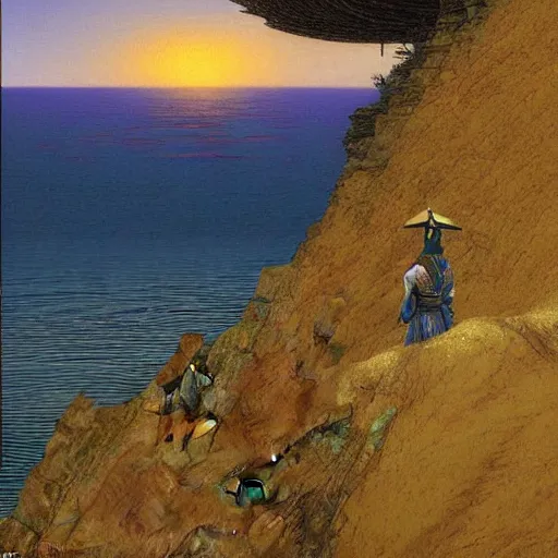 Image similar to a samurai looking into the horizon on a cliff, golden hour, dramatic lighting, fluid, smooth, bright, colours, high contrast, sharpness, very detailed, intricate, by donato giancola, gustave dore and junji ito