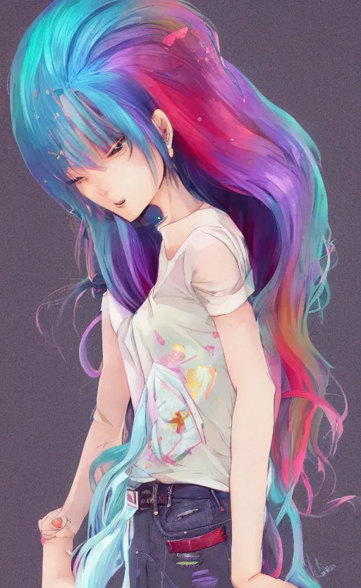 Image similar to a kawaii woman with rainbow hair, soft eyes and narrow chin, dainty figure, long hair straight down, kawaii shirt and jeans, basic white background, In style of by Jordan Grimmer and greg rutkowski, crisp lines and color