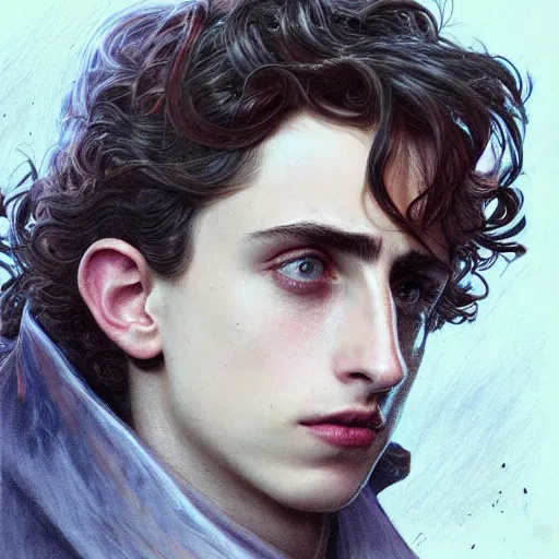 Image similar to Portrait of Timothée Chalamet as a bruised knight, fantasy, intricate, headshot, highly detailed, digital painting, artstation, concept art, sharp focus, cinematic lighting, illustration, art by artgerm and greg rutkowski, alphonse mucha, cgsociety