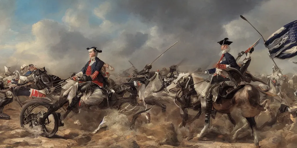 Prompt: George Washington rides a motorcycle to attack the British army in the revolutionary war, epic, cinematic, concept Art, detailed, 4K