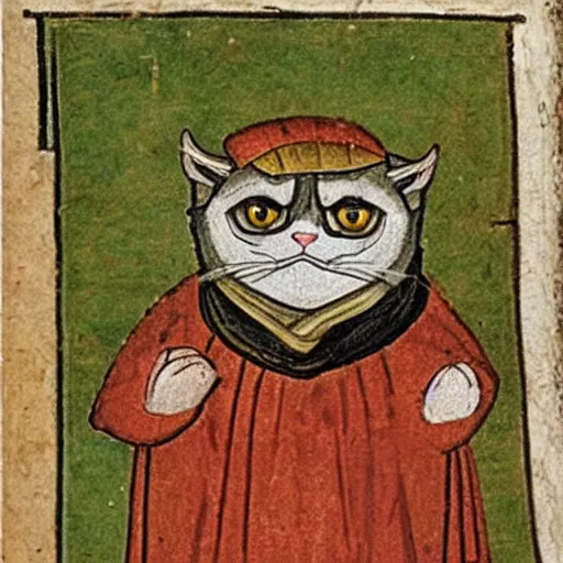 Image similar to a medieval manuscript illustration of grumpy cat