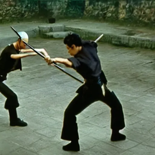 Prompt: real-life zoro sword fight, a still of a fight film