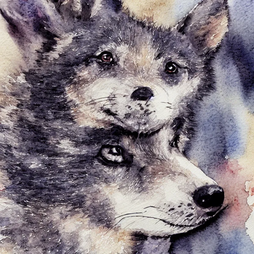 Image similar to detailed watercolor illustration of a cute and thoughtful wolf pup