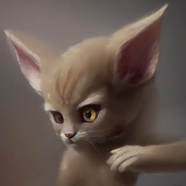 Image similar to a painting of a cute light beige kitten with brown ears and brown face and brown legs and brown tail. white paws. big eyes. character design by cory loftis, fenghua zhong, ryohei hase, ismail inceoglu and ruan jia. volumetric light, detailed, rendered in octane