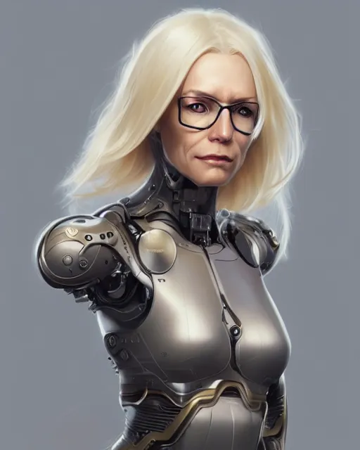 Prompt: a thin blonde middle aged lady cyborg with glasses, elegant, real life skin, intricate, high detailed, artstation, concept art, smooth, sharp focus, art by artgerm and greg rutkowski