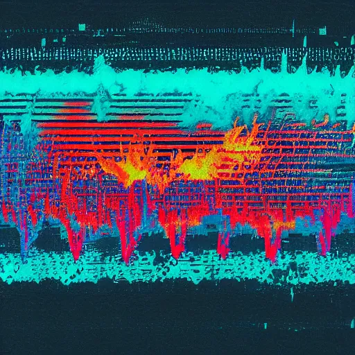 Prompt: world industries fire vs water analog glitch art