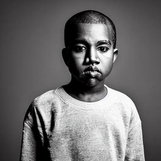 Image similar to the face of young kanye west wearing yeezy clothing at 1 2. 5 years old, black and white portrait by julia cameron, chiaroscuro lighting, shallow depth of field, 8 0 mm, f 1. 8