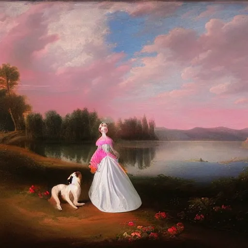 Image similar to a beautiful girl with a beautiful face wearing white dress, a dog, john martin landscape, lake evening, pink and blue colors