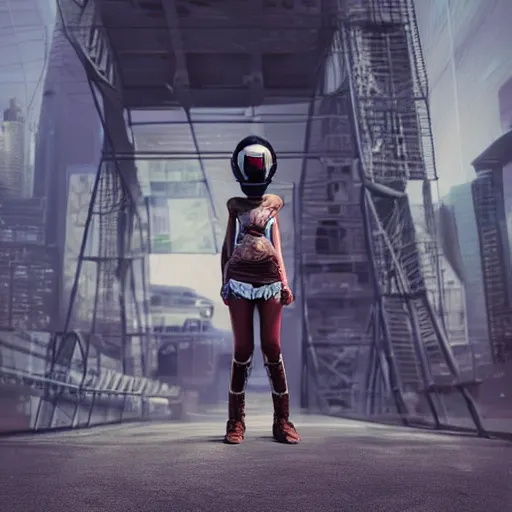 Prompt: a fashion model in helmet, creative, brown skin, digital art, photo manipulation, artstation, standing, cyberpunk, giant, street, duck shoes, up there, photoshop, bridge
