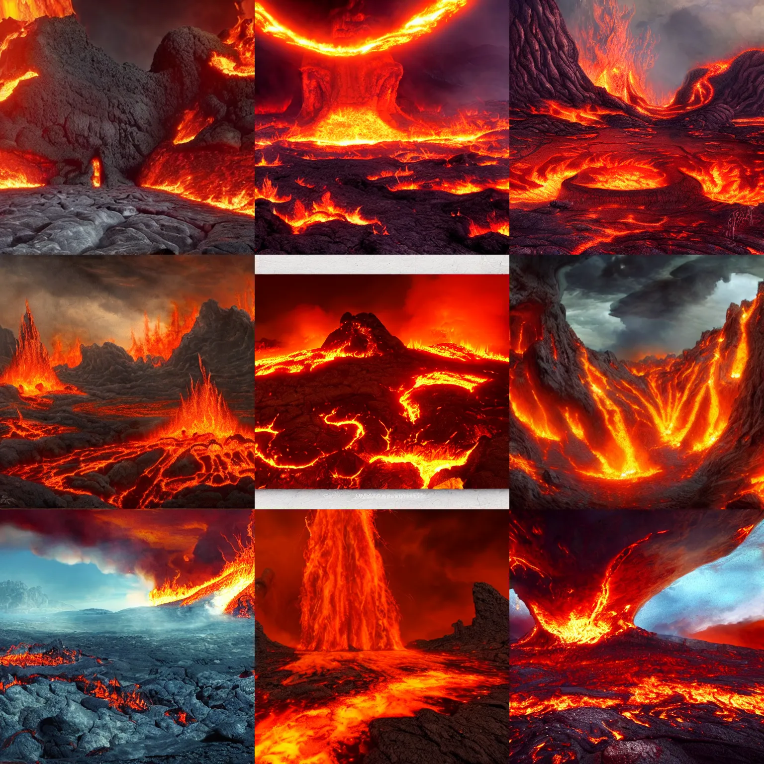 Prompt: the gates of hell surrounded by fire and lava, epic, wide angle, matte painting, ethereal