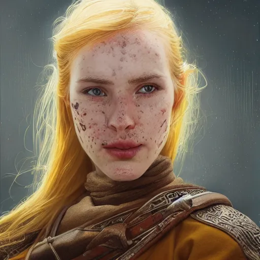 Prompt: an portrait of an happy female celt, blonde hair, lip scar, freckles, detailed, centered, digital painting, artstation, concept art, donato giancola, Joseph Christian Leyendecker, WLOP, Boris Vallejo, Breathtaking, 8k resolution, extremely detailed, beautiful, establishing shot, artistic, hyperrealistic, beautiful face, octane render