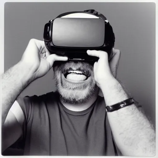 Image similar to Terrence McKenna sitting Down laughing with a VR headset on, 1994, Polaroid