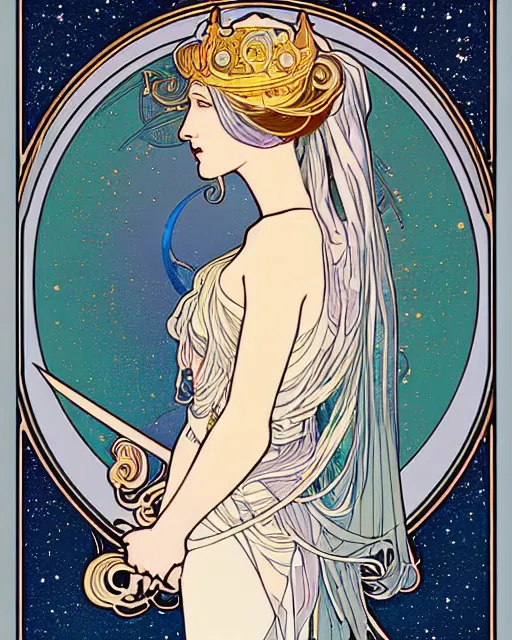 Prompt: a portrait of a moon princess knight, draped in transparent cloth, silver armor, flat colors, occult, minimal, swirly, bust by alphonse mucha, decorative art nouveau border, astrophotography, vast cosmos, detailed book illustration, trending on artstation