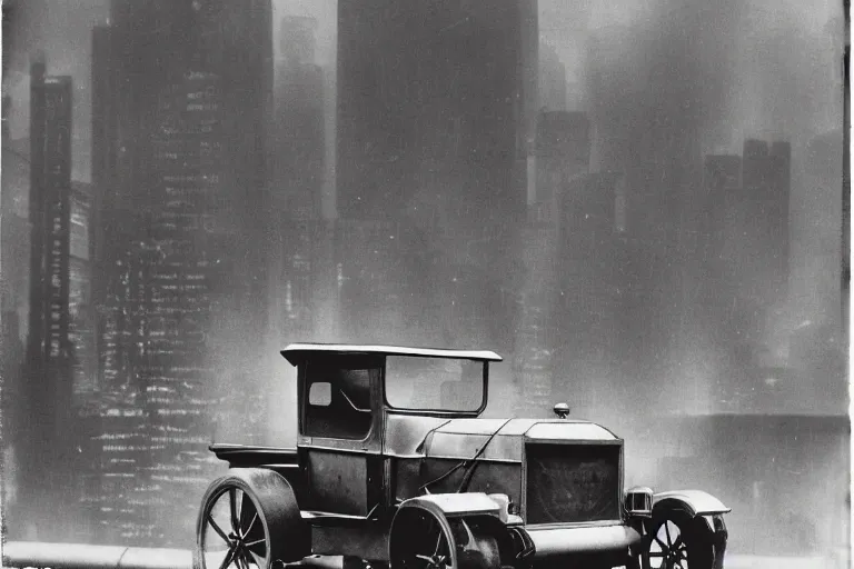 Image similar to cyberpunk new 1 9 0 8 model ford t by paul lehr, metropolis, view over city, vintage film photo, scratched photo, scanned in, old photobook, silent movie, black and white photo