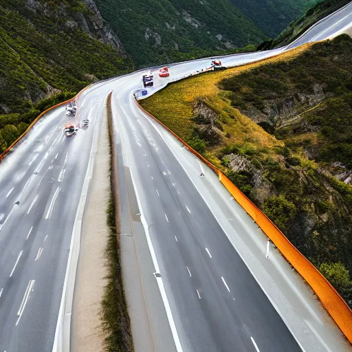 Image similar to traffic jam on a mountain highway, high resolution photograph, extreme dramatic lighting