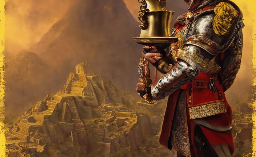 Image similar to smiling spanish conquer soldier francisco pizarro holding golden cup on a inca temple, wide view, high detailed, full perfect, symmetrical portrait, high detail, by craig mullins, peter mohrbacher, unreal engine, octane rendered, 8 k, dark beauty, trending on artstation