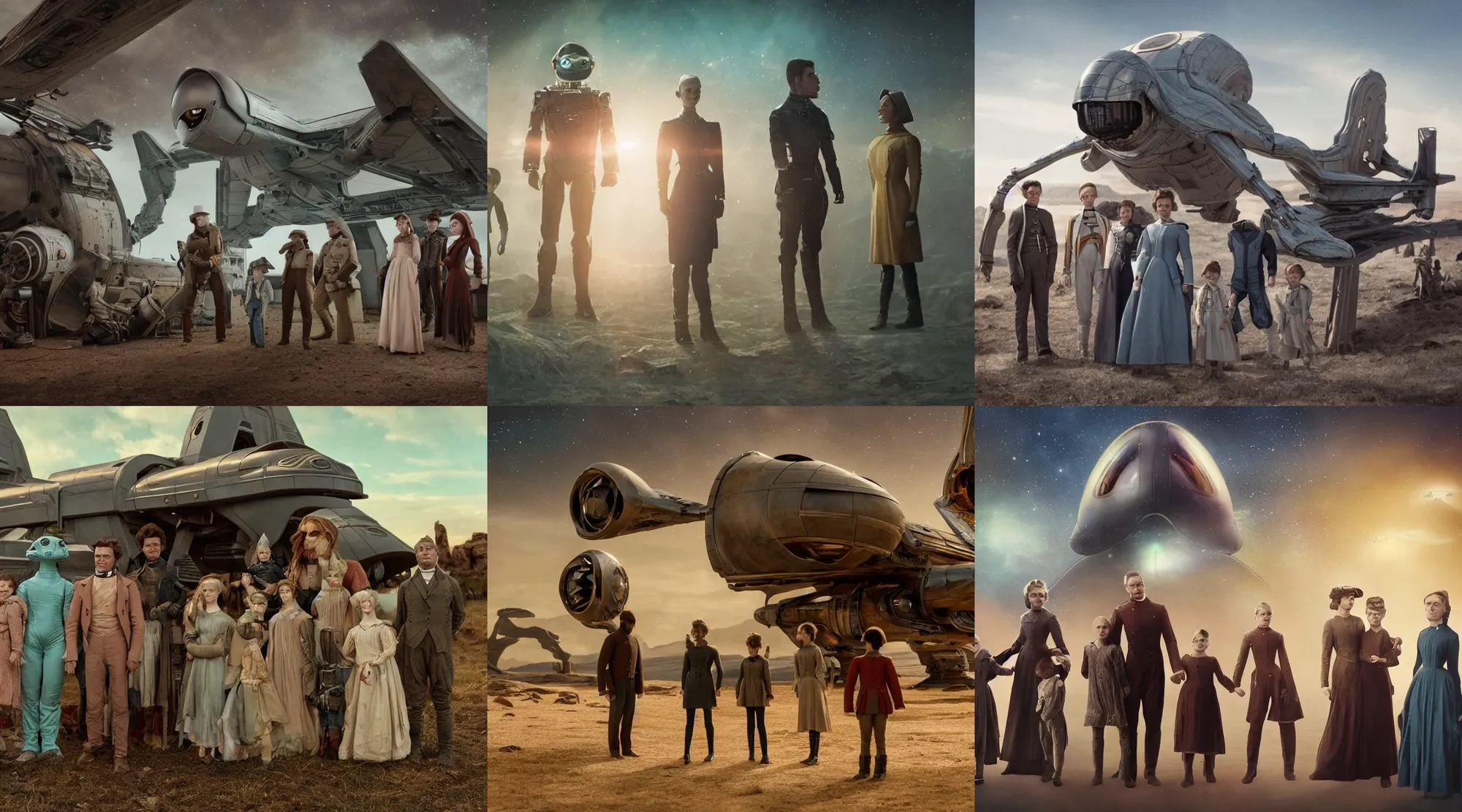 Prompt: 8k film still from a sci fi blockbuster color movie made in 2022, set in 1860, of a family standing in front of a spaceship that has just landed on an alien planet, a humanoid alien creature stands nearby, the family are all wearing 1850s era clothes, cinematic lighting, cinematic camera, extremely good lighting, good photography, oscar winner