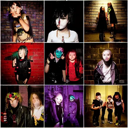 Prompt: flash portrait photography of punk and goth kids on the lower east side by annie leibowitz, colorful nighttime, raining!