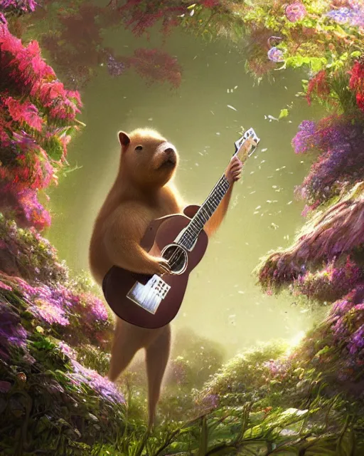 Image similar to Capybara playing Guitar in magical forest, portrait, flowers, flower dress, magic the gathering artwork, D&D, fantasy, cinematic lighting, centered, symmetrical, highly detailed, digital painting, artstation, concept art, smooth, sharp focus, illustration, volumetric lighting, epic Composition, 8k, art by Akihiko Yoshida and Greg Rutkowski and Craig Mullins, oil painting, cgsociety
