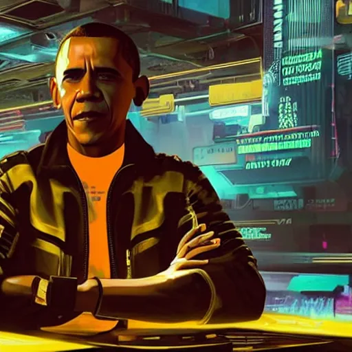 Image similar to barack obama as a cyborg in cyberpunk 2 0 7 7, technological, movie footage, high - tech, still frame