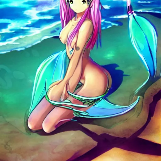 Image similar to anime cyber mermaid on the beach of a tropical island