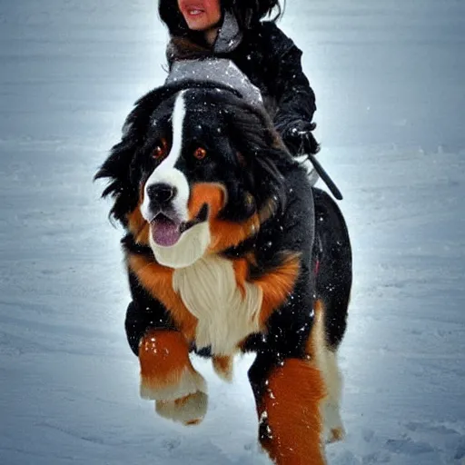 Image similar to girl riding giant Bernese Mountain Dog in the snow, trending on artstation