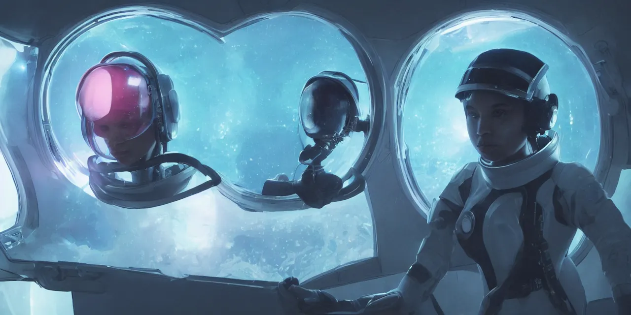 Prompt: Zoe Kravitz futuristic astronaut, outside large window of ship, helmet with clear HUD shield and led lights, underwater in the ocean at night, dark water, volumetric lighting, glowing lights, 4k, octane, digital painting, artstation, concept art, sharp focus, illustration, high contrast, high saturation , cinematic film still, art by artgerm and greg rutkowski and alphonse mucha , wide angle view,