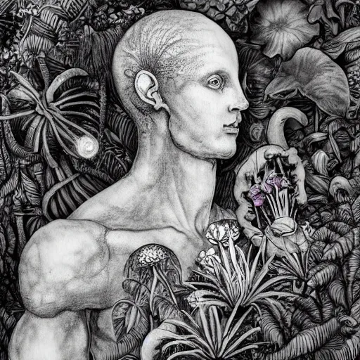 Image similar to botanical sketch of The thinker sculpture with a mechanical/cybernetic head, mushrooms and peyote/san pedro at the base, surrounded by a lush jungle and morning glory flowers, high detail, b&w,