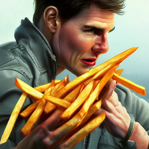 Prompt: tom cruise planting fries, digital art, highly - detailed, artstation cgsociety masterpiece