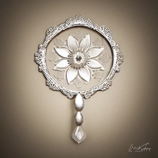 Prompt: filigree nordic jewelry isolated on white background and a flower in the background, refraction, occlusion, keyshot render, octane render, vray render