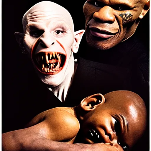 Image similar to portrait of nosferatu biting off mike tyson's ear, correct faces, uhd hyperdetailed photo by annie leibowitz 5 0 mm lens