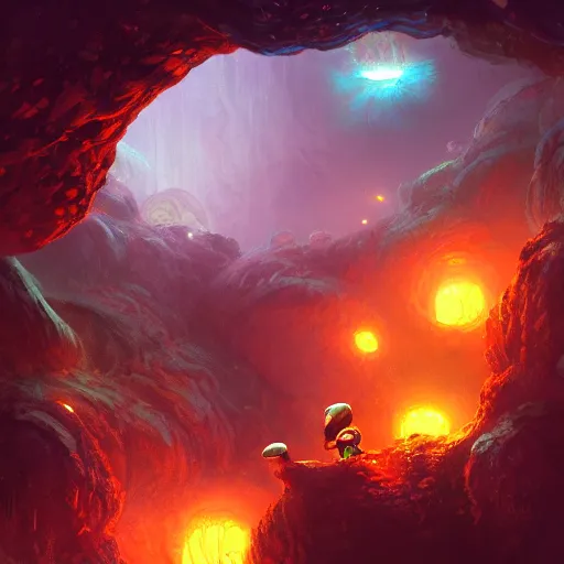 Prompt: spaceship flying through mystical caverns with glowing mushrooms, fine details, artstation, concept art, graphic novel, artgerm